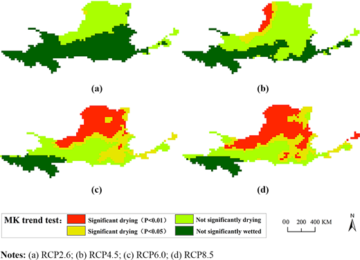Temporal variation characteristics of annual SPEI in the Yellow River Basin under four RCP scenarios Refer to the image caption for details.