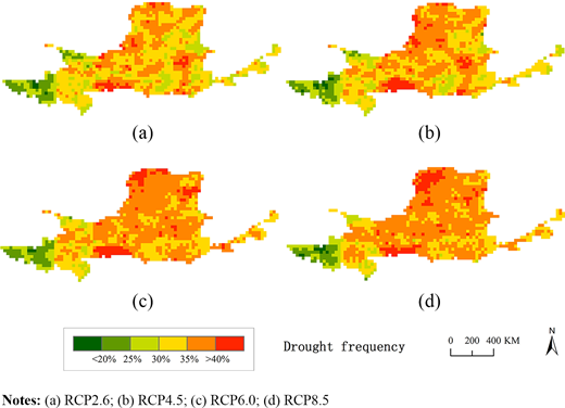 The spatial distribution characteristics of drought frequency in the Yellow River Basin under four RCP scenarios Refer to the image caption for details.