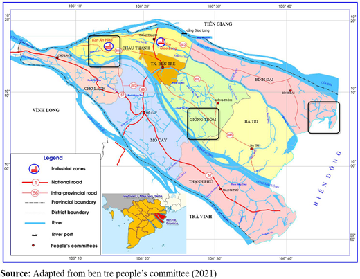 Field research sites (highlighted in black squares) in Ben Tre Province Refer to the image caption for details.