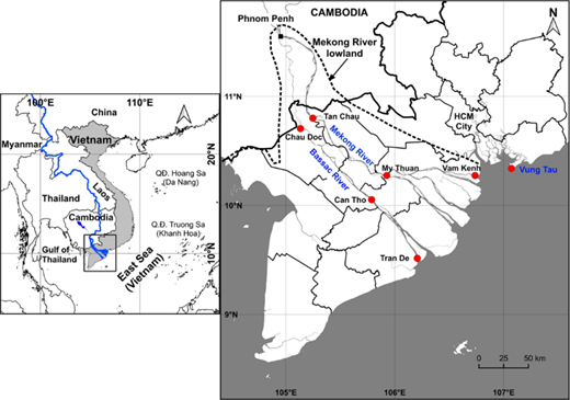 A map showing Vietnam and parts of Cambodia, highlighting the Mekong River and key locations like Vung Tau and Can Tho.