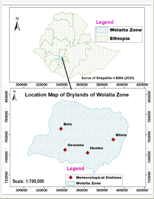 A map highlighting the Wolaita Zone in Ethiopia with meteorological stations marked across its drylands.