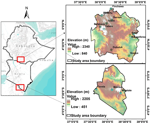 Map displaying two study areas in Ethiopia, with elevation data showing high and low values, and various marked locations.