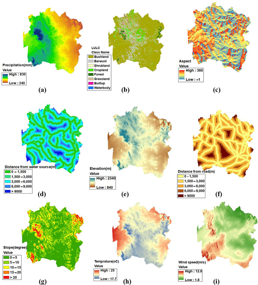 A series of nine maps displaying various geographical parameters including precipitation, land use, aspect, distance from water sources, elevation, slope, temperature, and wind speed.