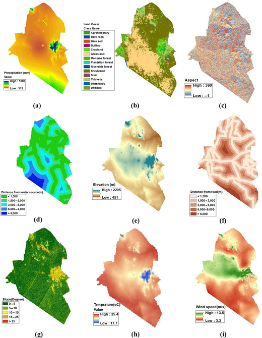 A series of nine maps showcasing geographical data, including precipitation, land cover, aspect, elevation, distance from water sources and roads, slope, temperature, and wind speed in a defined area.