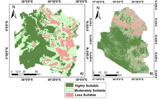 Two maps display land suitability classifications into highly suitable, moderately suitable, and less suitable areas across two regions.