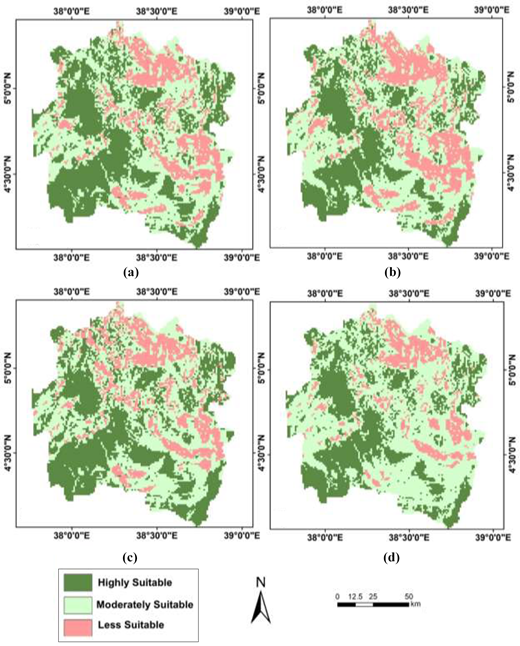 Land suitability maps showing highly suitable, moderately suitable, and less suitable areas across four modelling approaches for the first region.