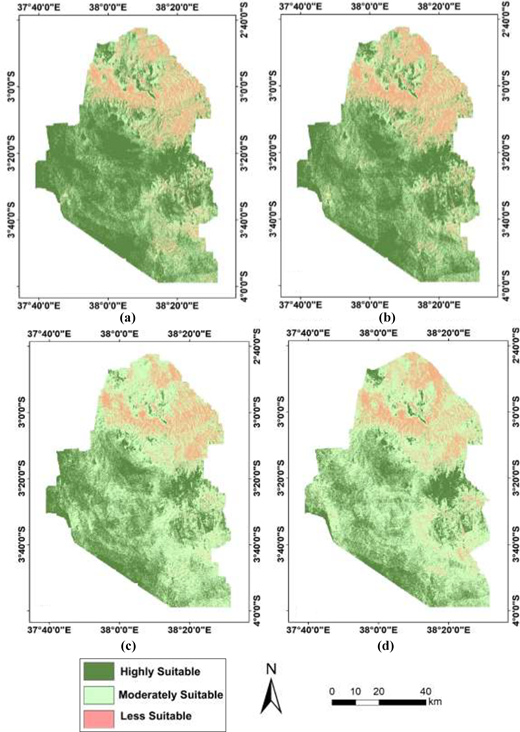 Land suitability maps of the second region showing classification into highly suitable, moderately suitable, and less suitable areas across four models.