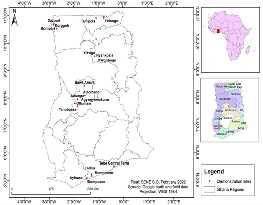 A map of Ghana showing demonstration sites marked with red stars, alongside insets of regional maps for context.