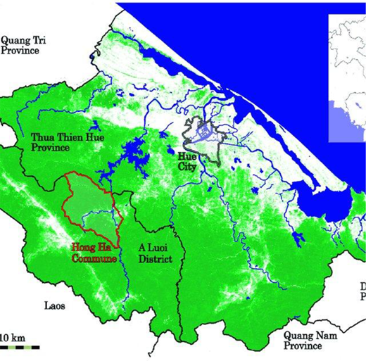 Map of Phu Thuan Commune and Thua Thien Hue Province showing the coastline Refer to the image caption for details.