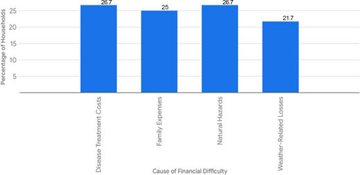 Bar chart showing causes of financial difficulties among fishery households Refer to the image caption for details.