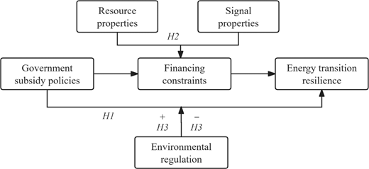 A conceptual model links government subsidy policies, financing constraints, resource and signal properties, environmental regulation and energy transition resilience.