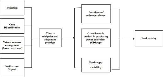 A conceptual framework linking climate mitigation and adaptation practices with food security through undernourishment, G D P purchasing power parity, and food supply variability.