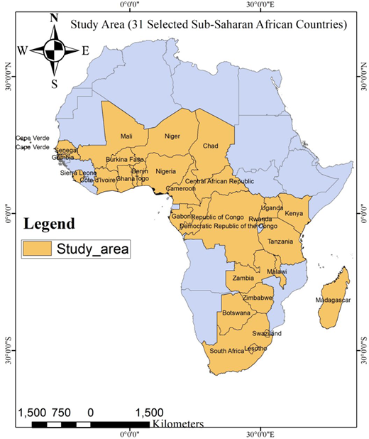A map highlighting 31 selected Sub Saharan African countries included in the study area across western, central, eastern, and southern Africa.