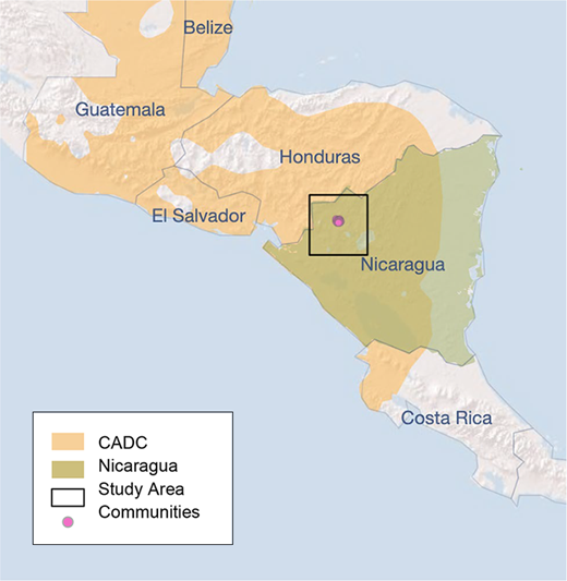 Map depicting Central America with focus on Nicaragua, highlighting communities and study areas using color-coded regions.