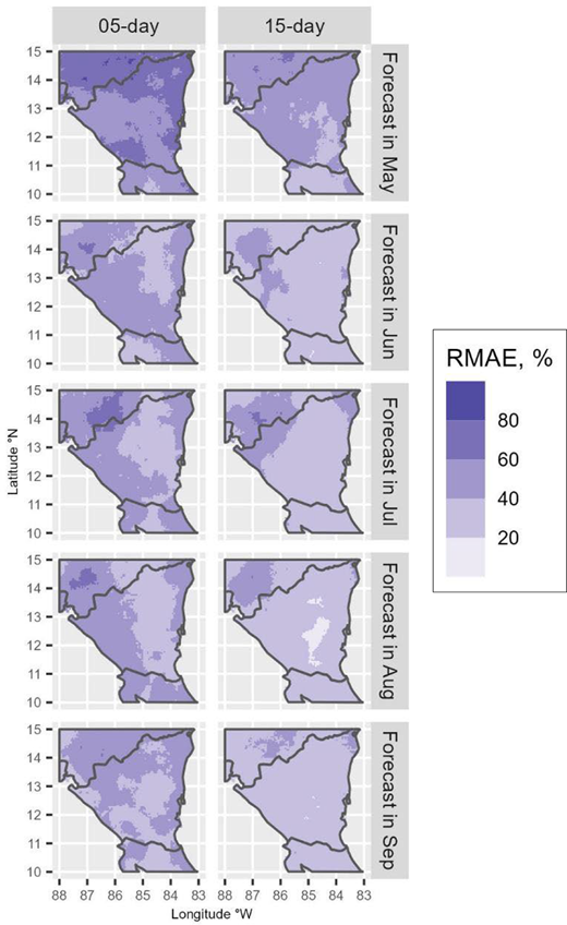 A map layout displaying forecast data across different months and days, segmented into quadrants with varying shades illustrating percentages.