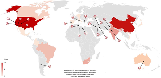 A world map shows the number of cities represented in different regions according to spatial data.