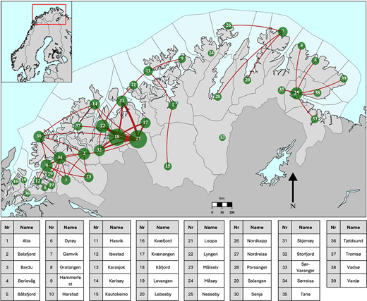 A regional map shows connected locations with numbered nodes and links, with a table listing place names.
