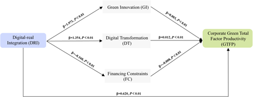 A path diagram shows effects of digital real integration on mediators and productivity with beta coefficients and significance levels.