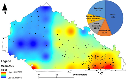 A map of mean A O D distribution across Nahouri with monitoring locations, a value scale, and a pie chart showing proportions of aerosol source types.