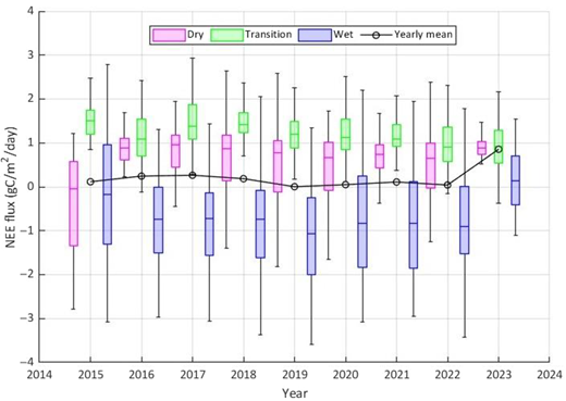 A box plot of N E E flux from 2014 to 2024 for dry, transition, and wet seasons with yearly mean values.