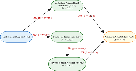 A structural model shows institutional support influencing adaptive agricultural practices and financial resilience, which link through psychological resilience to climate adaptability.