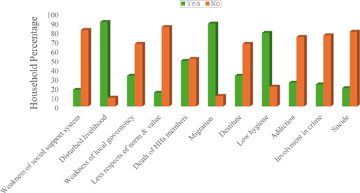A bar graph illustrates household percentages for various issues, comparing responses "Yes" and "No." Issues include social support weakness, livelihood disturbance, local governance, and more.