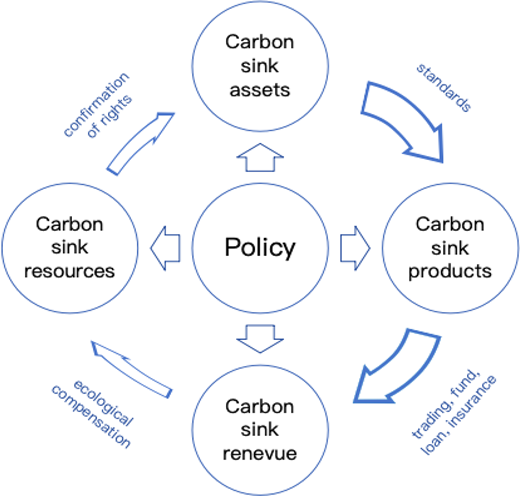A circular flow diagram places policy between carbon sink resources, assets, products, and revenue, with linking actions around the cycle.