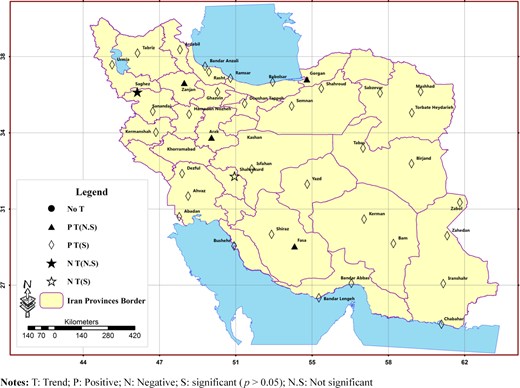 Trend analysis of annual minimum temperature over Iran Refer to the image caption for details.
