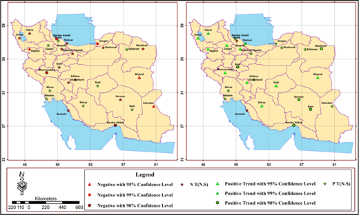 Trend analysis of heat wave frequency during the two study periods: 1961-1990 (left) and 1991-2013 (right) Refer to the image caption for details.