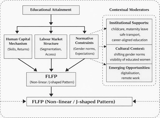 A conceptual model links educational attainment and contextual moderators to F L F P through three mechanisms.
