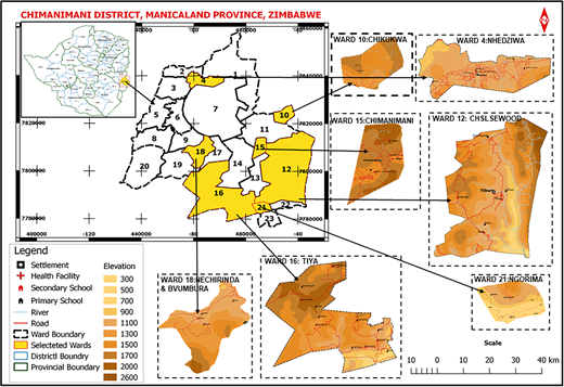 Map of Chimanimani District in Manicaland Province, Zimbabwe, showing ward boundaries and features like health facilities, schools, and roads, with inset maps for specific wards.