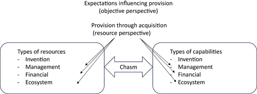 A figure illustrating the relationships between types of resources and capabilities, linked by a chasm.