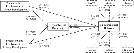 A structural model linking strategy development and entrepreneurial behavior with path coefficients.