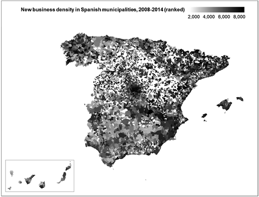 A map of Spain shows municipalities shaded in varying tones representing ranked new business density from 2008 to 2014.