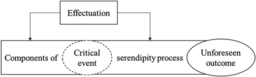 A conceptual diagram that shows the serendipitous process supported by effectuation leading to an unforeseen outcome.