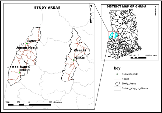A map shows the study areas (Jaman North, Jaman South, and Wenchi) in Ghana, with district capitals and roads marked.