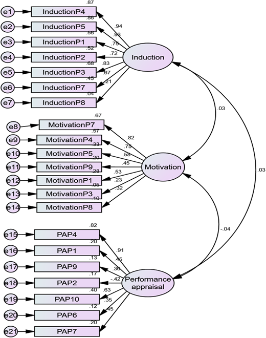 A structural equation model shows induction, motivation, and performance appraisal with loadings.