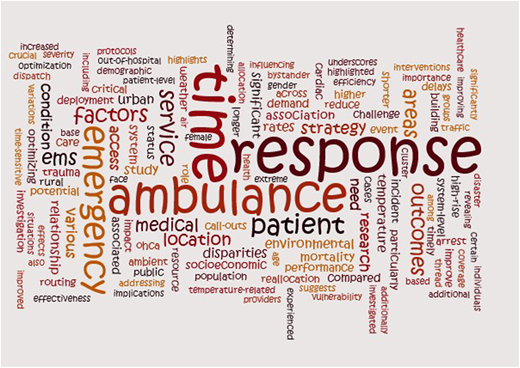 A word cloud consists of a dense collection of terms related to emergency medical services and healthcare.