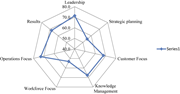 A radar chart with multiple axes labeled Leadership, Strategic planning, Customer Focus, Knowledge Management, Workforce Focus, Operations Focus, and Results.
