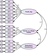 A diagram representing a confirmatory factor analysis model with labeled components and their relationships.