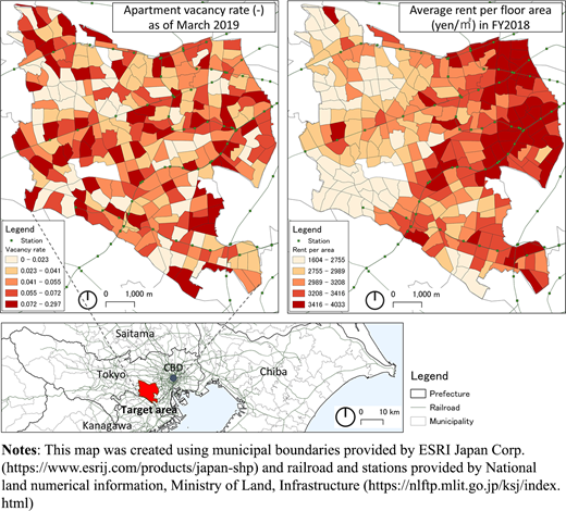 Geographical location of average apartment vacancy rate and rent per floor area Refer to the image caption for details.