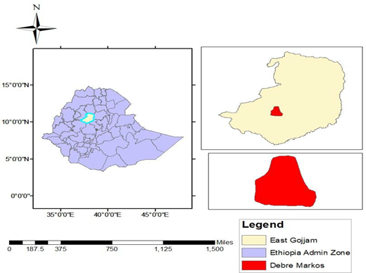 A multi-panel map illustrating the location of Debre Markos within East Gojjam and the Ethiopia Admin Zone.