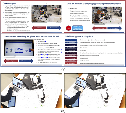 Pre- and post-test (a) User interface (b) Snapshot of a candidate consulting assistance (left) and switching to a next working step during the pre-test (right) Refer to the image caption for details.