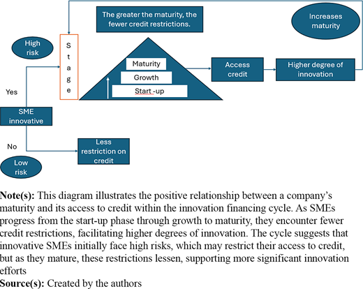 A conceptual diagram linking S M E maturity, risk, credit access, and innovation.