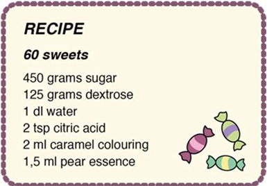 A recipe card listing ingredients for 60 sweets, including sugar, dextrose, water, citric acid, colouring, and pear essence.