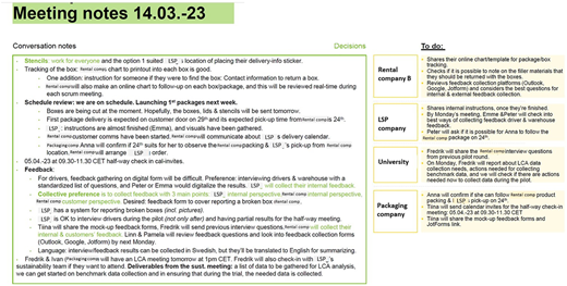 A meeting notes document with black headers, blue sub-headers, and bullet points in black text.