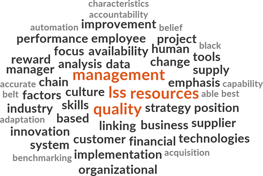 A word cloud showing frequent terms related to quality management, resources, strategy, industry, data, and organizational capabilities.