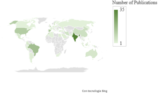 A world map shaded to show publication counts per country, with darker shading indicating higher numbers and a scale ranging from one to thirty five.