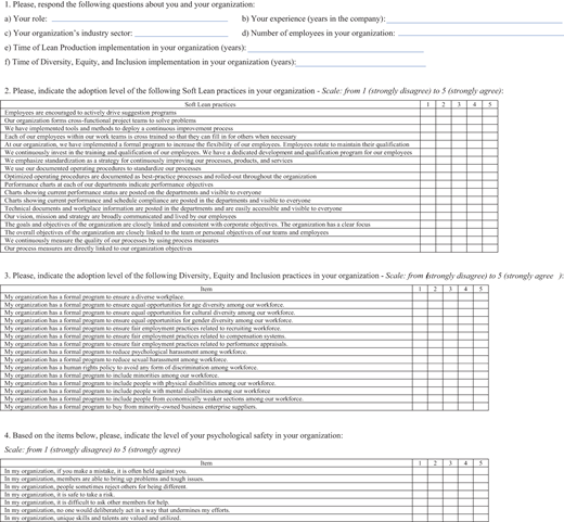 A survey form used in an organization with sections for personal details, Soft Lean practices, Diversity, Equity, and Inclusion practices, and psychological safety, rated on a scale from 1 to 5.