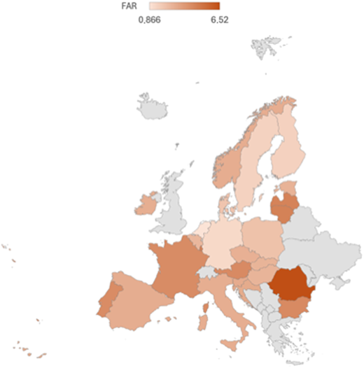 A map shows the distribution of the Standardized Fatal Accidents Rate (S F A R) across Europe, with varying shades of color.